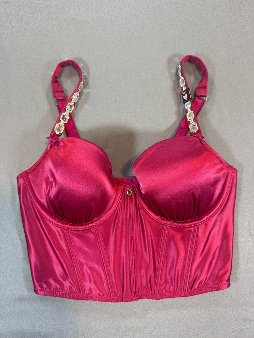 Victoria's Secret Satin Longline Bustier Bra in Hot Pink with Jeweled Straps 34C